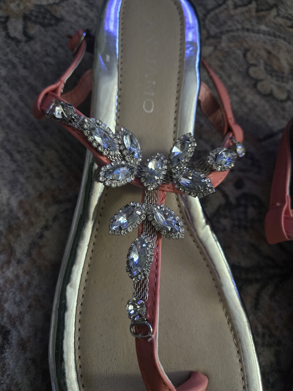 Women's Coral T-Strap Sandals with Crystal Embellishment